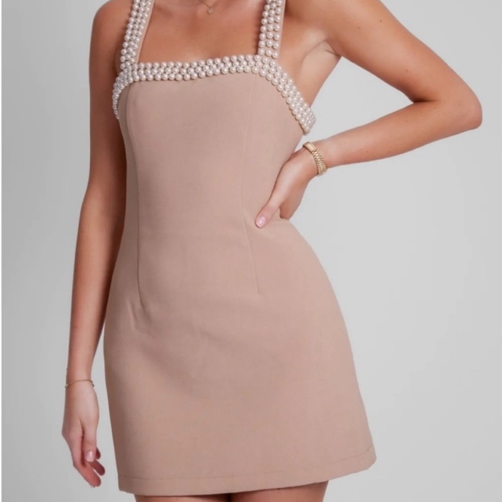 Odd Muse Elegant Tan Dress with Pearl Detailing